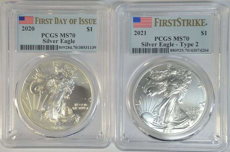 2 diff. Perfect PCGS MS70 graded First Strike Silver Eagles, 2020 & 2021