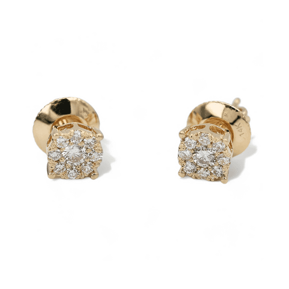 14k (585) Yellow Gold Round Cut Natural Diamond Cluster Stud Earrings