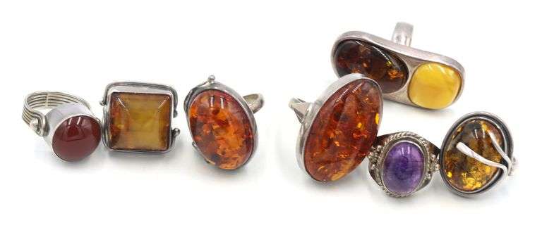 Group lot of Vintage 925 sterling silver Amber rings