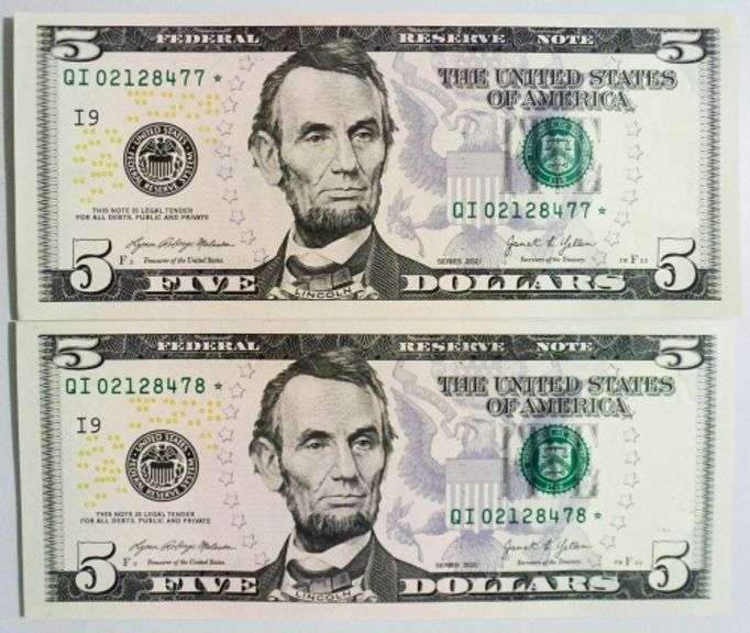 (2) Superb Crisp 2021 $5 Star Replacement Notes Minneapolis-Consecutive!
