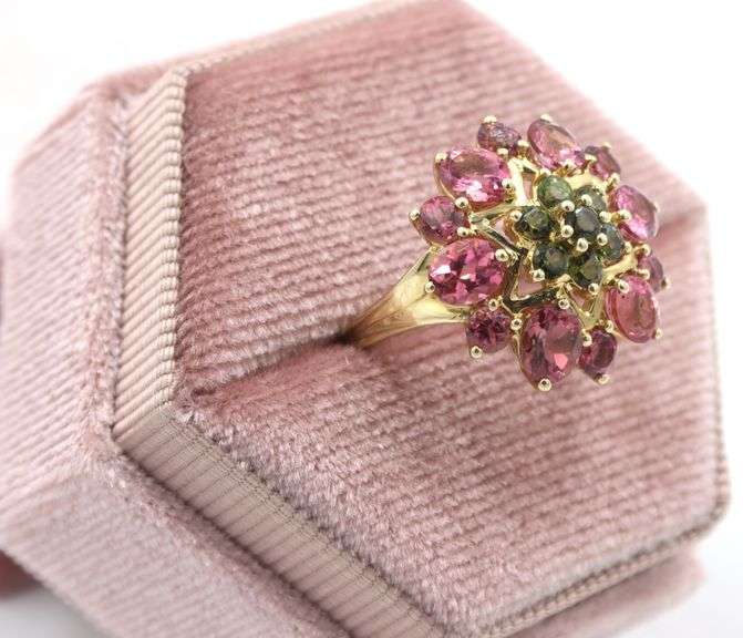 Mesmerizing14K Yellow Gold Ring W/ Pink & Green Tourmaline Gemstones
