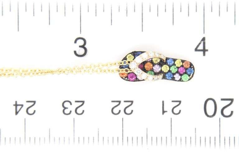 14kt Yellow gold Effy multi sapphire and diamond flip flop pendant on chain