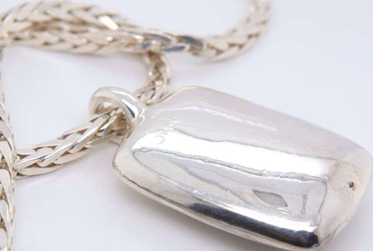 Heavy 925 Sterling Silver Signed Pendant on Thick Chain Necklace and Sterling Silver Earrings