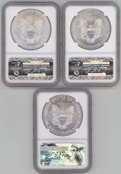 3 Diff. Perfect NGC MS70 graded American Silver Eagles 2013 to 2017