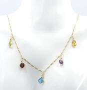 14kt Yellow gold bezel set multi gemstone station dangle necklace