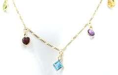 14kt Yellow gold bezel set multi gemstone station dangle necklace