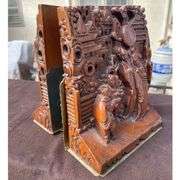 Pair of Antique Chinese Carved Wood and Brass Bookends