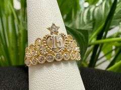10k Yellow Gold White CZ Tiara Princess Crown Quinceanera 15 Anos Girl Ring Size 6.5