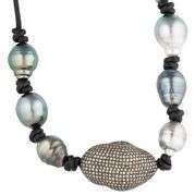 Gray Baroque Pearl and Diamond Accent Center Leather Strand Necklace in Sterling