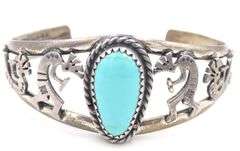 Vintage 925 sterling silver signed Southwest Estate bracelet with oval turquoise and kokopellis
