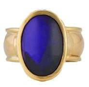 Oval Blue Opal Cabochon Bezel Set Solitaire Ring in 18K