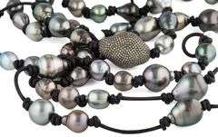 Gray Baroque Pearl and Diamond Accent Center Leather Strand Necklace in Sterling