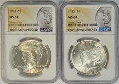 Special 100th Anniv. 1924 & 1925 Peace Silver Dollars. NGC MS64
