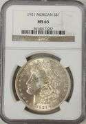 1921 Morgan Silver Dollar, NGC MS65