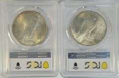 Creamy-white nearly Gem BU 1924 & 1925 Peace Silver Dollars. PCGS MS64's