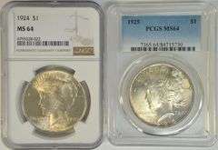 Near Gem BU 1924 (NGC) & 1925 (PCGS) Peace Silver Dollars