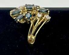 14K Yellow Gold Round Brilliant Cut Diamond and Marquise Cut Sapphire Ring