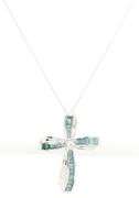 14kt White gold IR Teal and white diamond cross pendant on chain