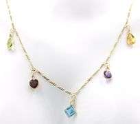 14kt Yellow gold bezel set multi gemstone station dangle necklace