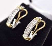 Tasteful Diamond J-Hoop Earrings in Two-Tone 14K Gold