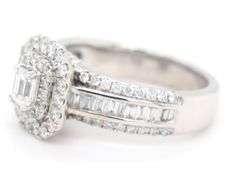 14kt White gold Modern bride 1-3/8ctw Emerald cut, baguette and round cluster engagement ring