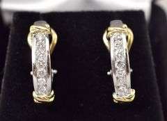 Tasteful Diamond J-Hoop Earrings in Two-Tone 14K Gold