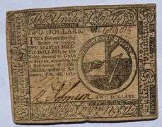 Sharp Feb 26 1777 Continental Currency $2 Note.