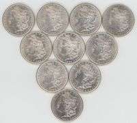 Ten (10) Diff Slider/BU Morgan Silver Dollars 1879 to 1899-O