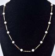 Brilliant Pearl and Barrel Link Necklace in 14K Yellow Gold