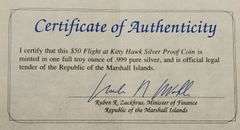 1993 $50 Flight At Kittyhawk Proof Silver Coin