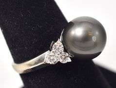 Beautiful Tahitian Pearl and Diamond Ring in 14K White Gold