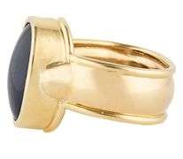 Oval Blue Opal Cabochon Bezel Set Solitaire Ring in 18K