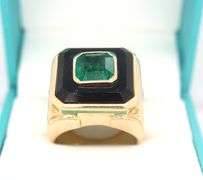 Men's 18k Yellow Gold Emerald, Onyx, and Diamond Ring