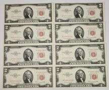 (8) 1953 B $2 Red Seal Consecutive Bills, Higher Quality