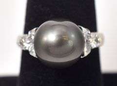Beautiful Tahitian Pearl and Diamond Ring in 14K White Gold