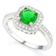 1 1/5 CARAT CREATED EMERALD & 1/3 CARAT (36 PCS) FLAWLESS CREATED DIAMOND 925 STERLING SILVER HALO R