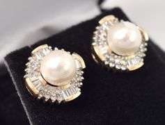 Sparkling 14K Yellow Gold Pearl and Diamond Stud Earrings