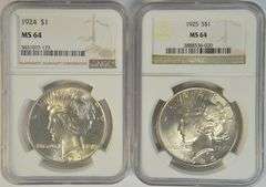 Nearly Gem BU 1924 & 1925 Peace Silver Dollars. NGC MS64's