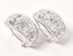 Dreamy Floral Diamond J-Hoop Earrings in 14K White Gold