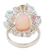 0.25ctw Diamond Multi Gemstone Frame Quartz and MOP Doublet Ring in 14K