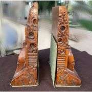 Pair of Antique Chinese Carved Wood and Brass Bookends