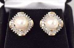Sparkling 14K Yellow Gold Pearl and Diamond Stud Earrings