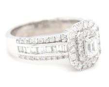 14kt White gold Modern bride 1-3/8ctw Emerald cut, baguette and round cluster engagement ring