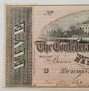 1864 $5 Dollar Confederate States of America Note, Circulated