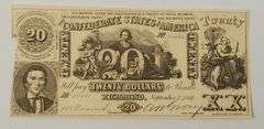 1861 Confederate States Of America $20 Twenty Dollar Note Richmond