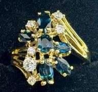 14K Yellow Gold Round Brilliant Cut Diamond and Marquise Cut Sapphire Ring