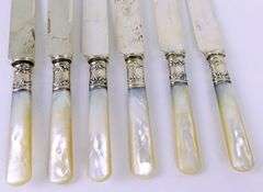 6 Antique Mother of Pearl & Sterling Cuff Dinner Knives