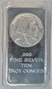 Prooflike Buffalo design 10 Troy Oz pure .999 fine silver bar in plastic