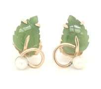 14kt Yellow gold green Jade and pearl leaf shaped earrings