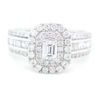 14kt White gold Modern bride 1-3/8ctw Emerald cut, baguette and round cluster engagement ring